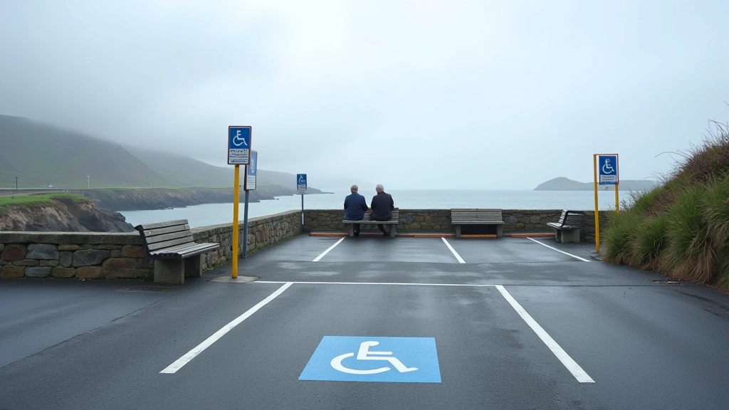 Accessible parking area at Kenmare Pier with clear signage and proximity to wooden viewing benches