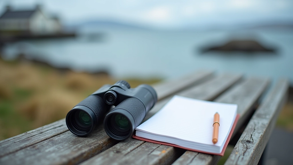 Binoculars and nature guide on bench