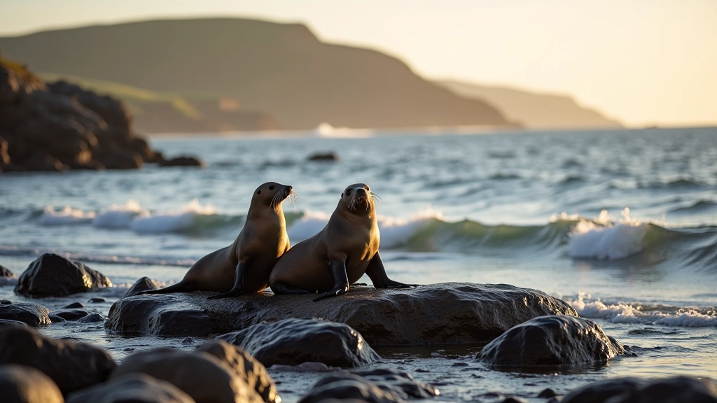 Scenic view of Garnish Bay at low tide with seals visible on rocks and peaceful water conditions