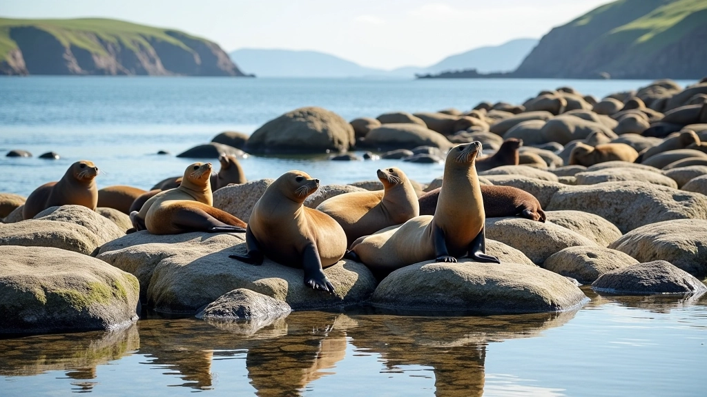 Seals resting on rocks in Kenmare Bay with clear water
