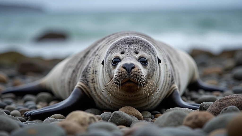 Close-up view of harbor seal resting on rocky shore, showing spotted coat pattern and distinctive head shape