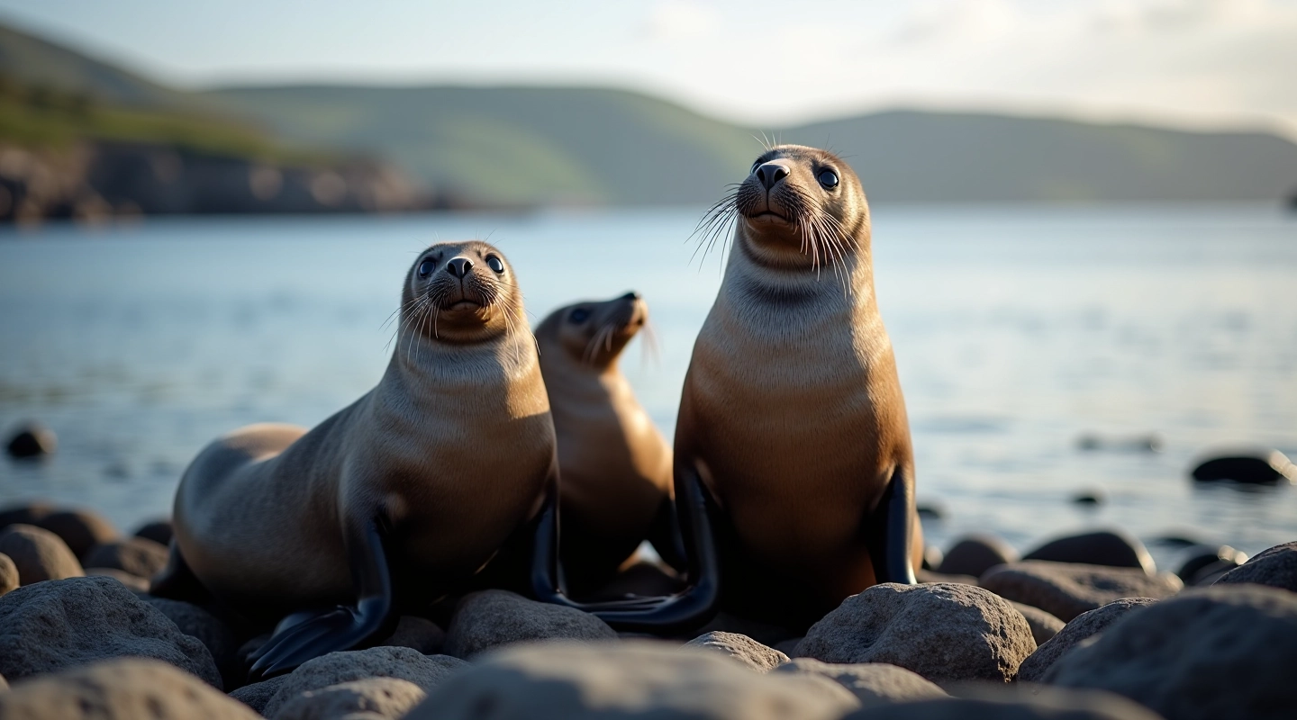 Harbor seals resting on rocky outcrops along the Kerry coastline with calm water