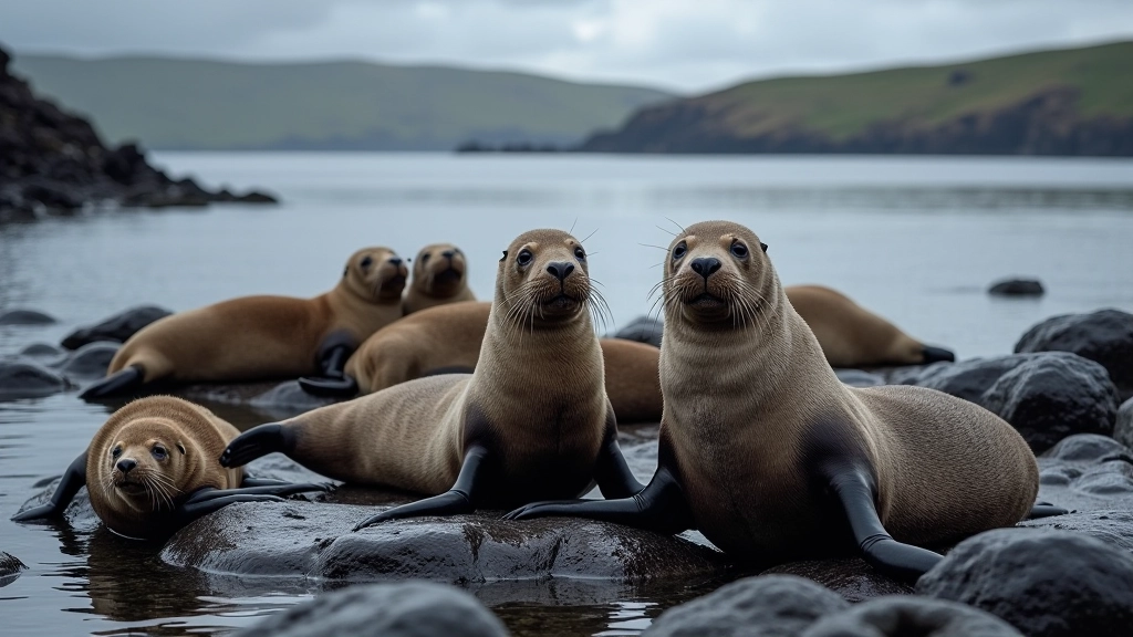 Seals resting on dark rocky outcrops at low tide in sheltered bay waters with gentle waves