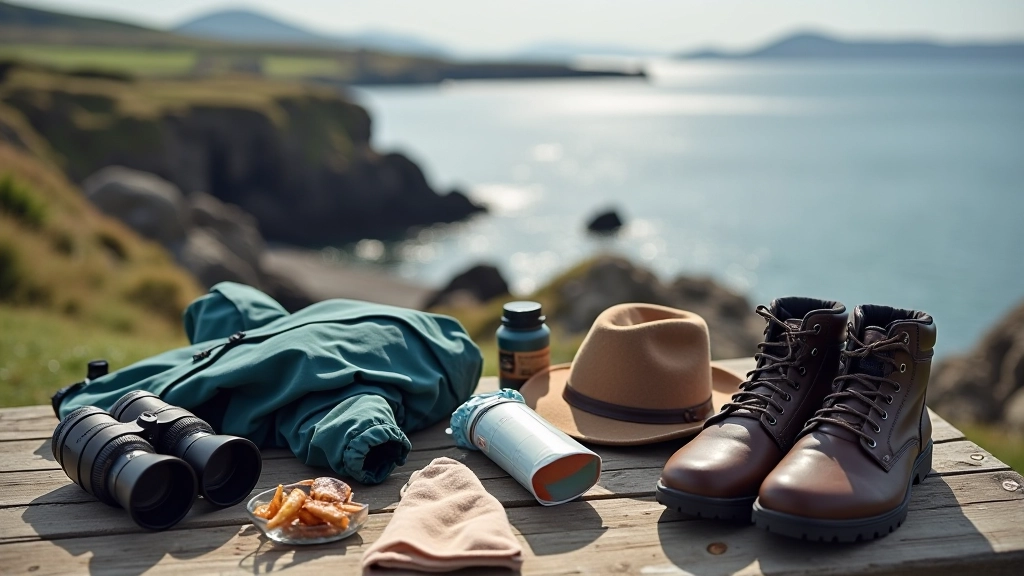 Waterproof jacket, binoculars, and snacks arranged on a wooden table with a coastal view in the background