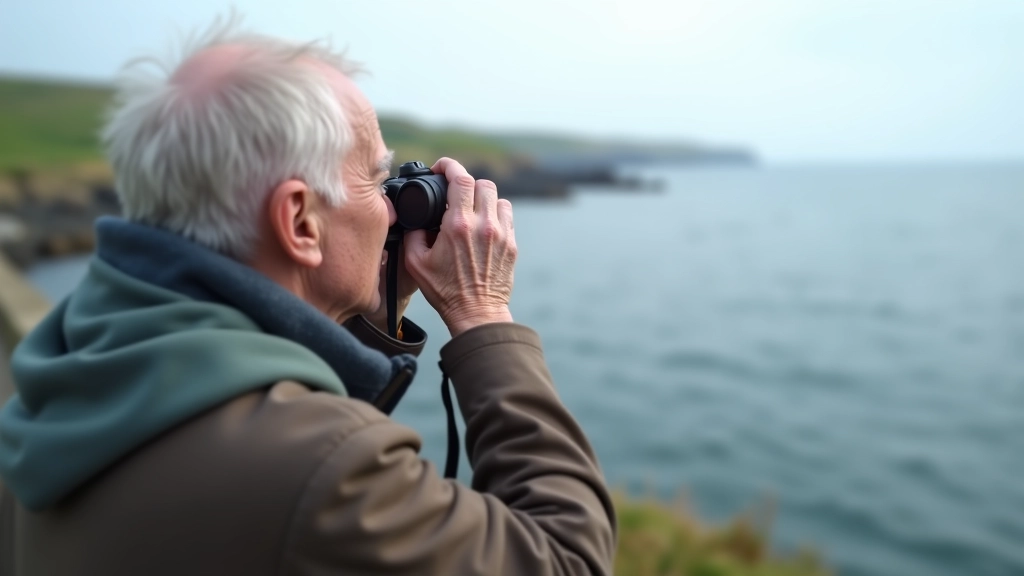 Person observing wildlife through binoculars from coastal viewpoint with notebook for recording observations