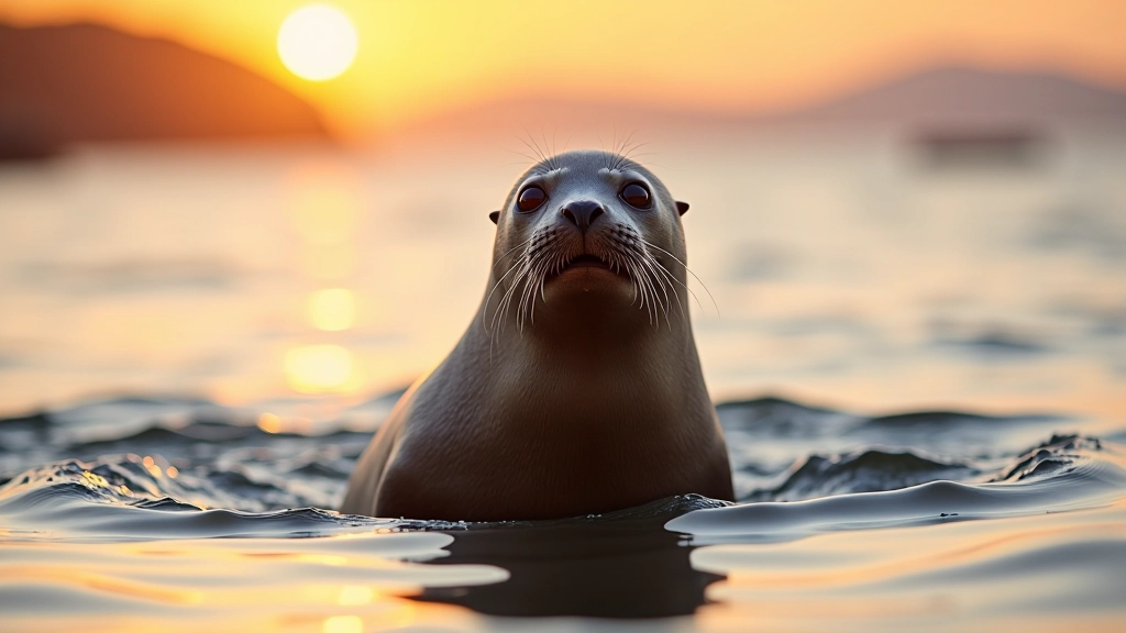 Harbor seal in shallow water at sunrise, with golden light reflecting off the ocean surface