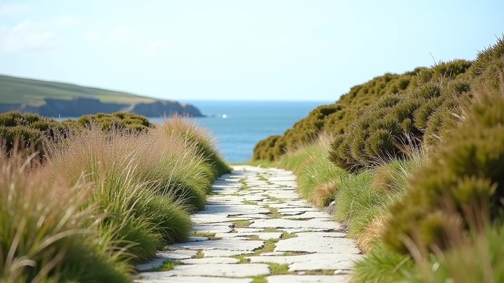 Scenic coastal path leading down to Garnish Bay with native vegetation on either side and clear views of the water below