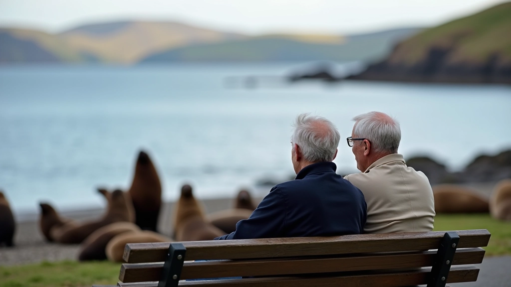 Seniors enjoying seal watching from a rest bench overlooking the bay