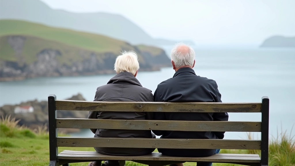 Older adults sitting peacefully at a coastal viewing bench, enjoying the scenery and watching seals in the distance