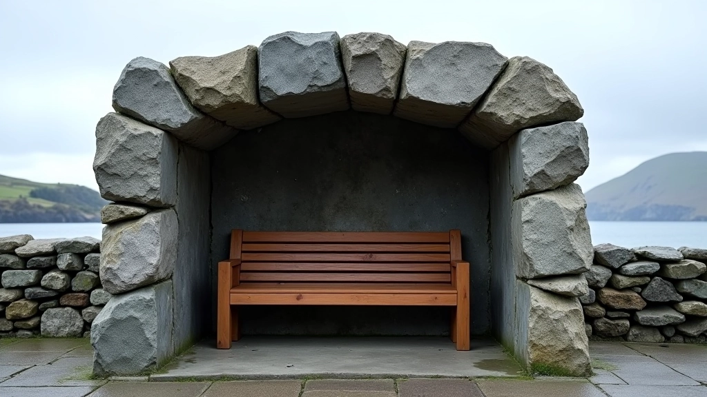 Sheltered stone and timber rest structure at coastal viewing area with weatherproof design and sightlines to water