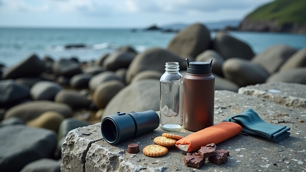 Thermos flask, snacks, water bottle, and binoculars arranged on a rocky coastal outcrop with ocean view
