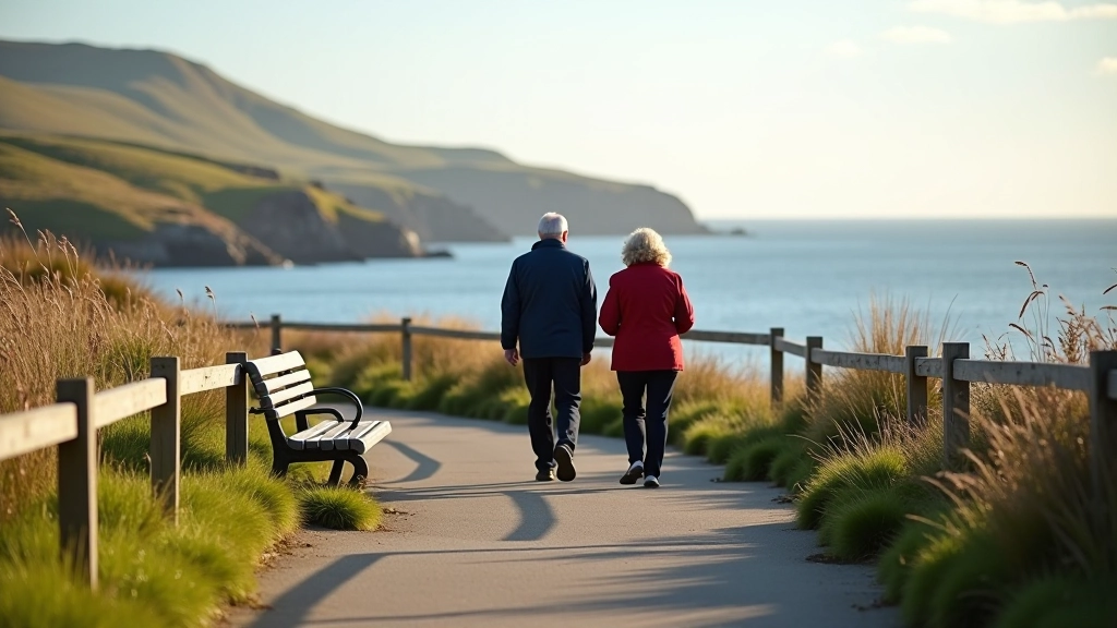 Senior visitors on coastal walking path