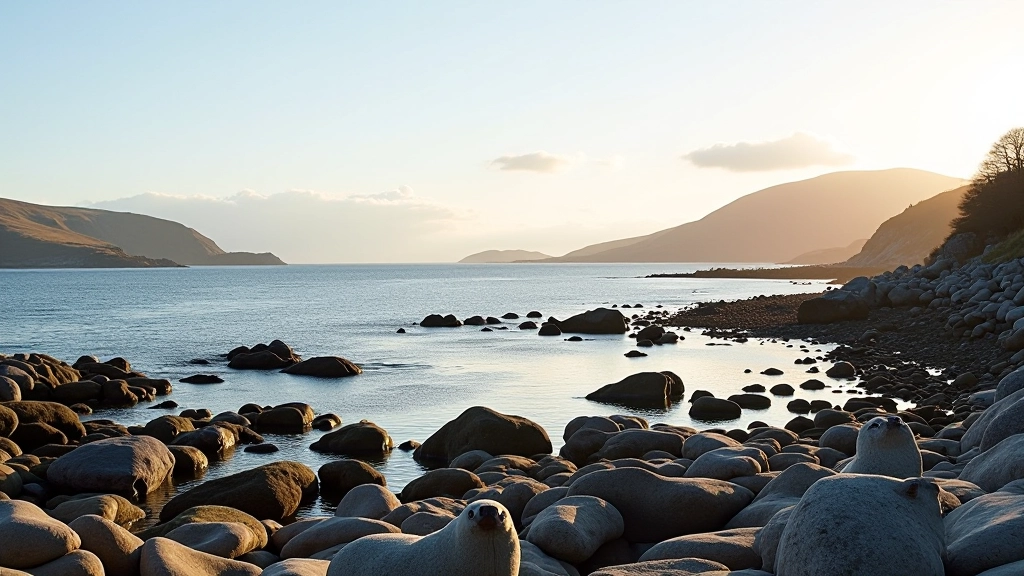 Panoramic view of Garnish Bay at low tide showing seal resting areas, calm waters, and natural coastal landscape of County Kerry