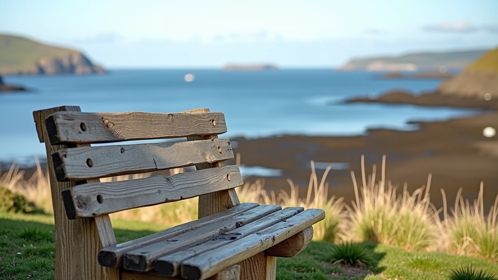Comfortable wooden viewing benches positioned at scenic overlooks along Kenmare Pier with clear sightlines to the water