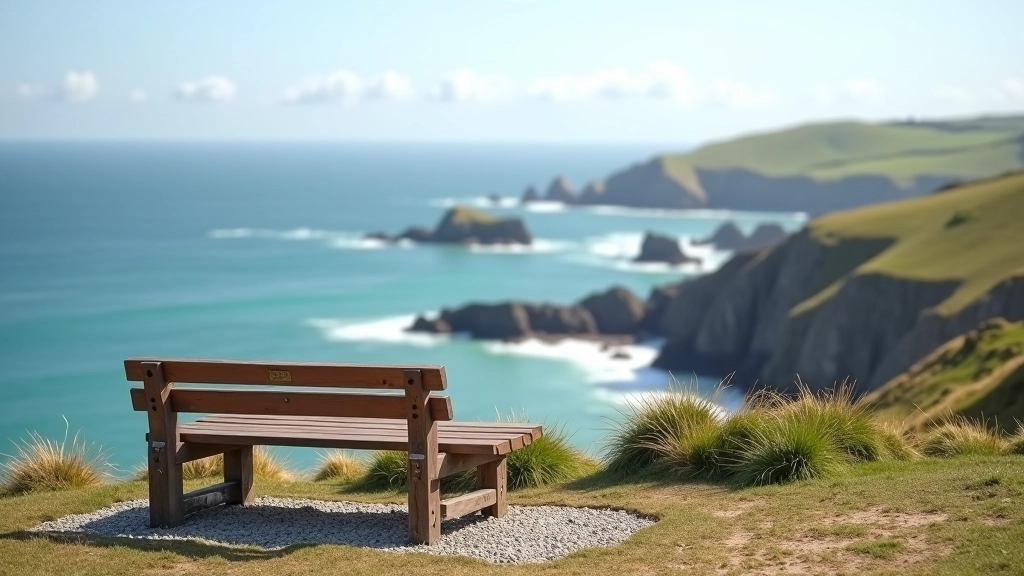 Comfortable wooden benches positioned along a coastal viewing area with clear sightlines to Garnish Bay